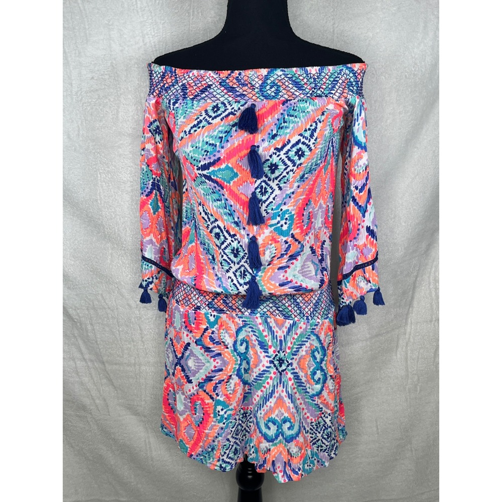 Lilly Pulitzer XXS Joelle Off Shoulder Tassel Dress‎ Colorful Print Rayon